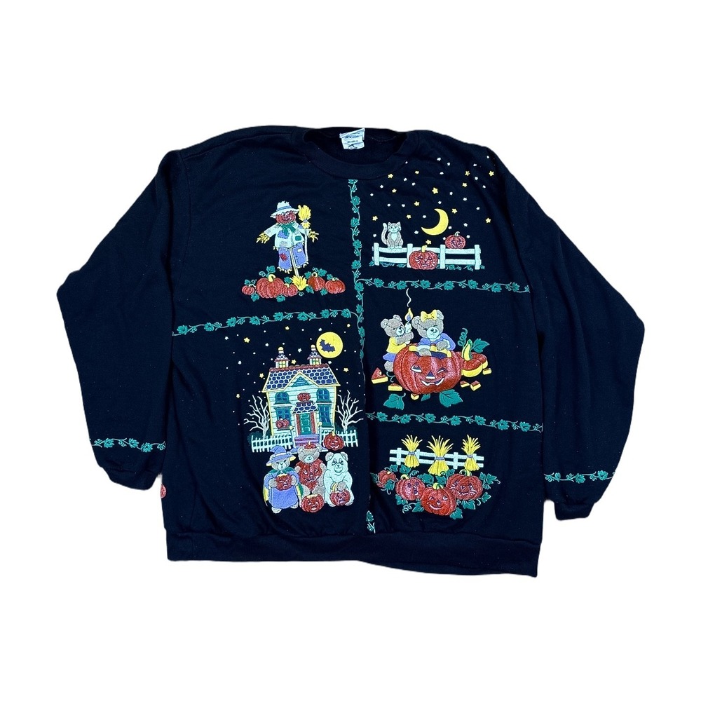 Spumoni Halloween Sweatshirt Womens XL Black Good Vintage 90s Pumpkin Scarecrow